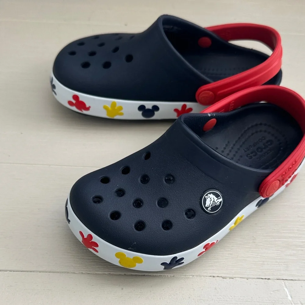 CROCS Kids Black Clogs with Red Strap and Multicolor Mickey Trim - Picture 1 of 7
